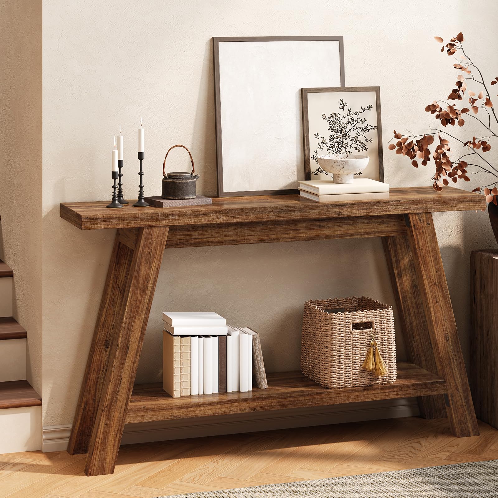 55-Inch Console Table with Storage - 2-Tier Narrow Wood Entryway Table