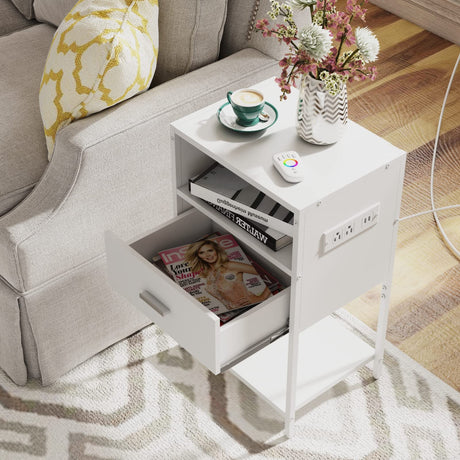 Nightstand with Charging Station, Modern End Table with Drawer, White Bedside Table