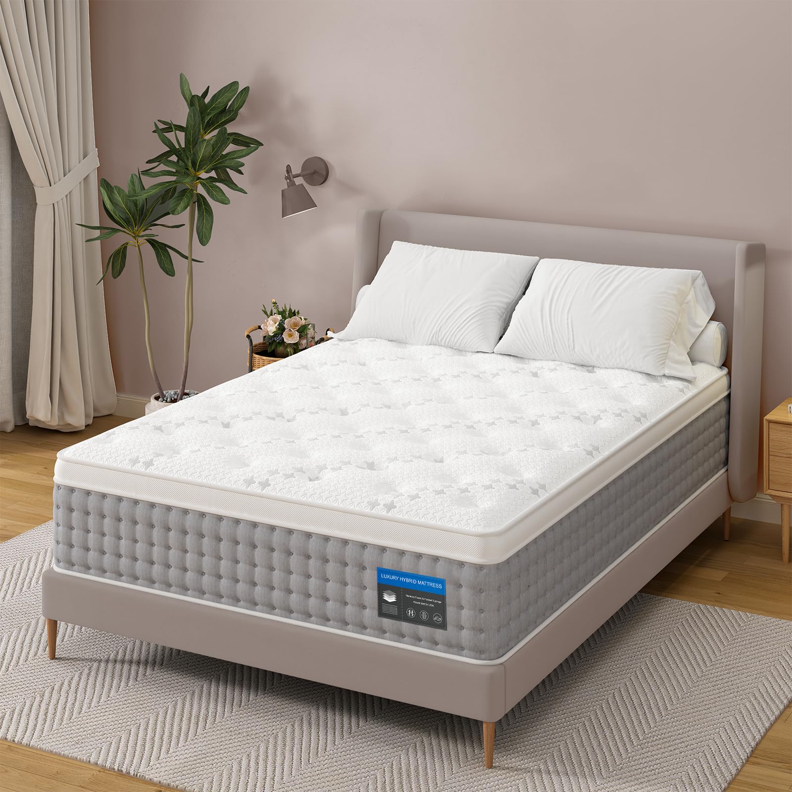 Queen Mattress 14 Inch - Hotel-Collection Plush Hybrid Mattress Pain Relief - Deep Sleep Mattress