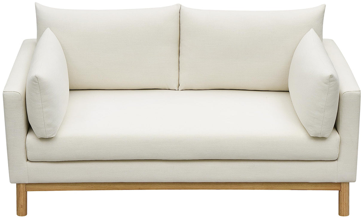 157Cream-L Langham Collection Mid-Century Modern Linen Textured Fabric Upholstered Loveseat, Cream Linen Textured Fabric, Natural Finish Wood Base, 66" W x 33.5" D x 33" H, Cream