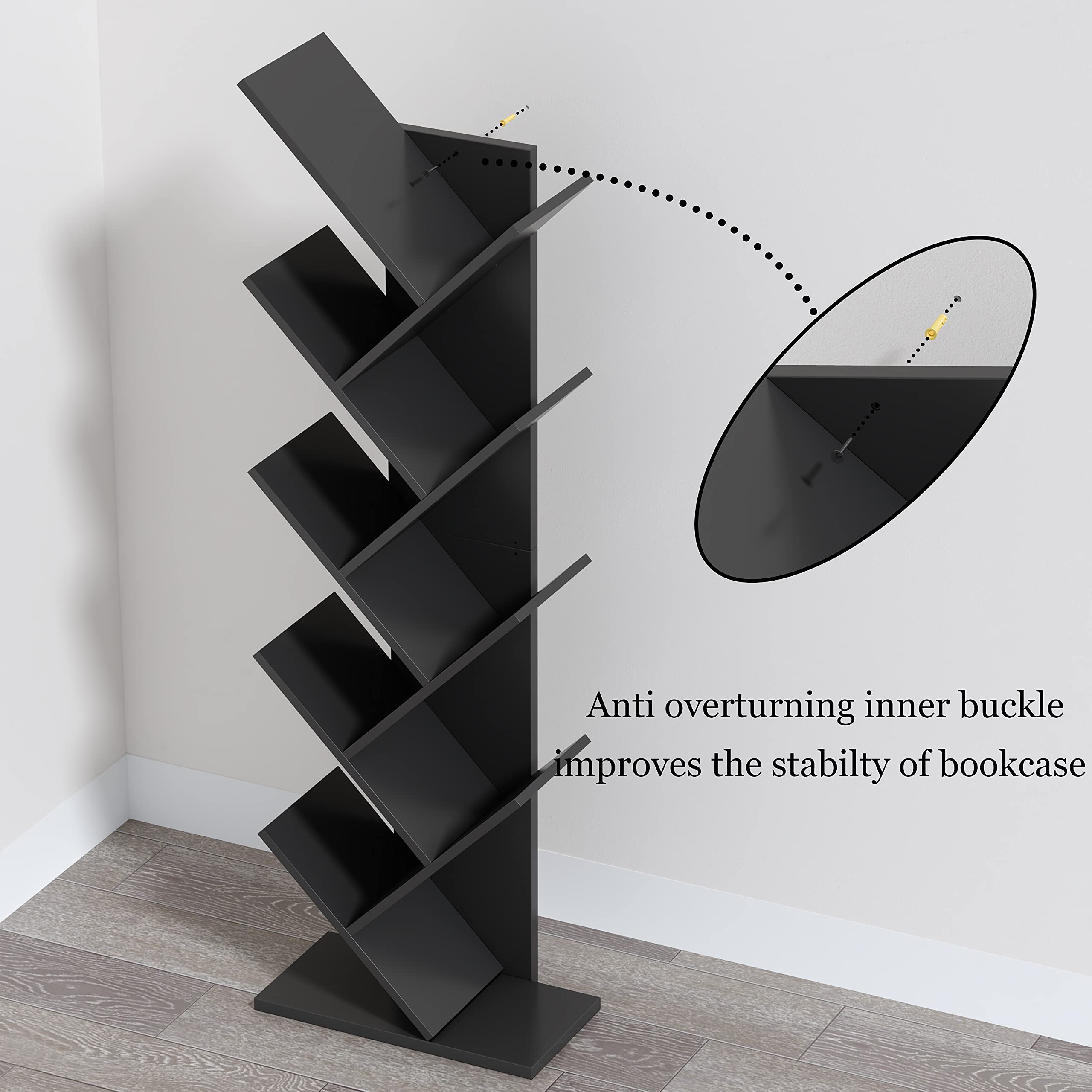 Yusong Tree Bookshelf, Floor Standing Bookcase with Steel Pipe for Living Room Bedroom, Shelves for Home Office (Black2, 9 Tier)