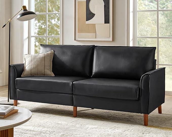 78" Faux Leather Sofa with Solid Wood Legs, Mid-Century Modern PVC Leather Couch
