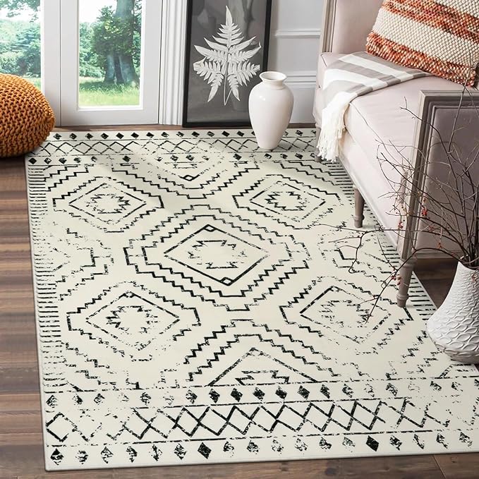 Moroccan Washable Rug 4x6, Black Boho Living Room Area Rug, Non-Slip Farmhouse Bedroom Carpet Dorm Room