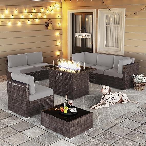 8 Pieces Outdoor Patio Furniture Set with 44" Fire Pit Table Brown Rattan