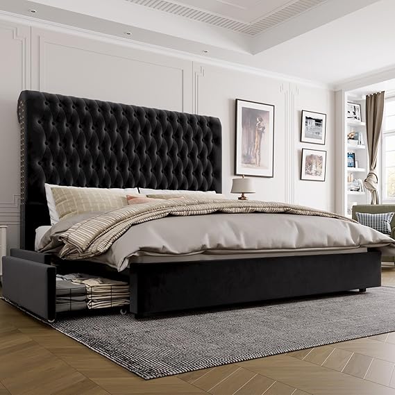 Queen Upholstered Bed Frame with Storage - 54" Tufted Headboard