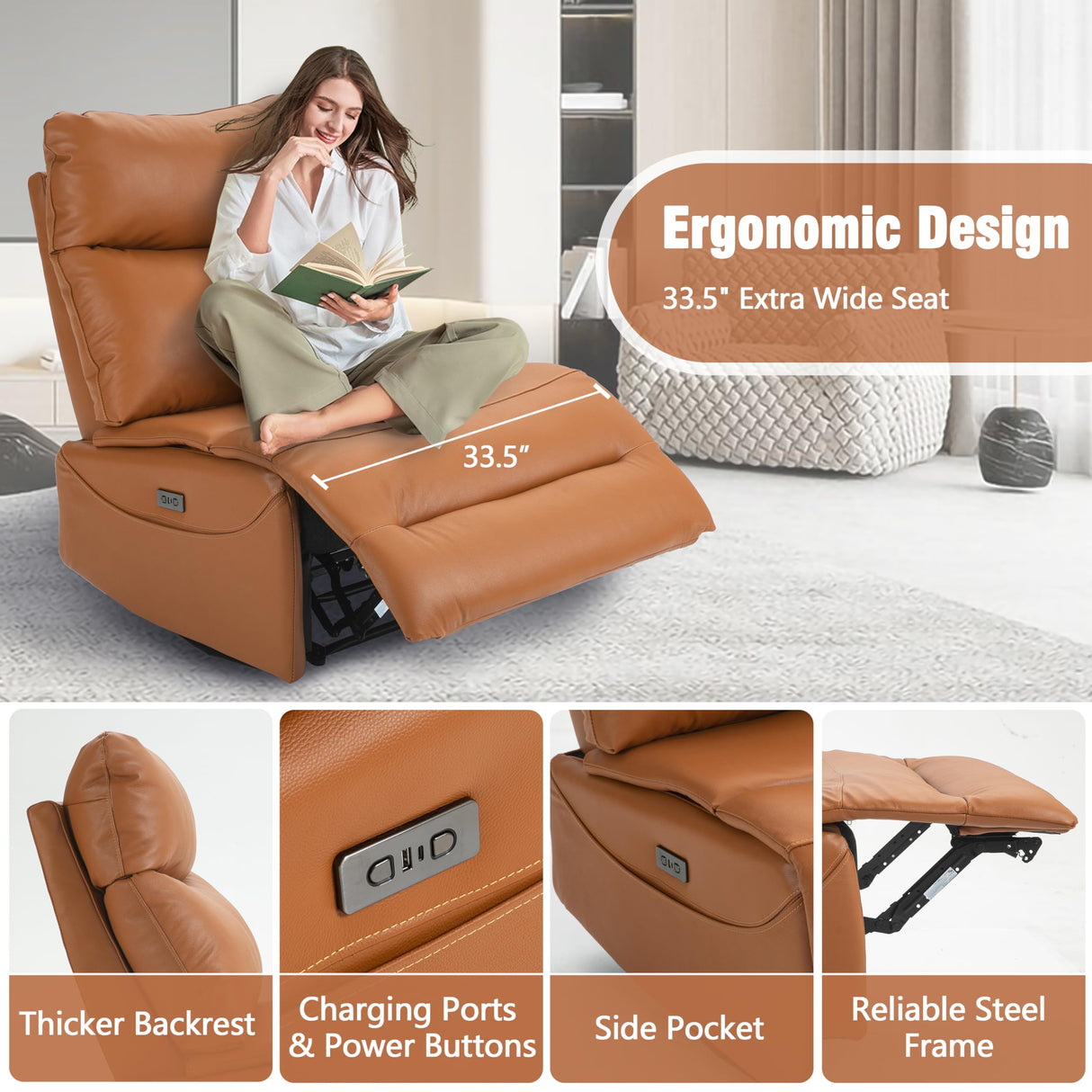 Top Grain Genuine Leather Power Recliner Chair with USB Ports, 33.5" Extra Wide Seat