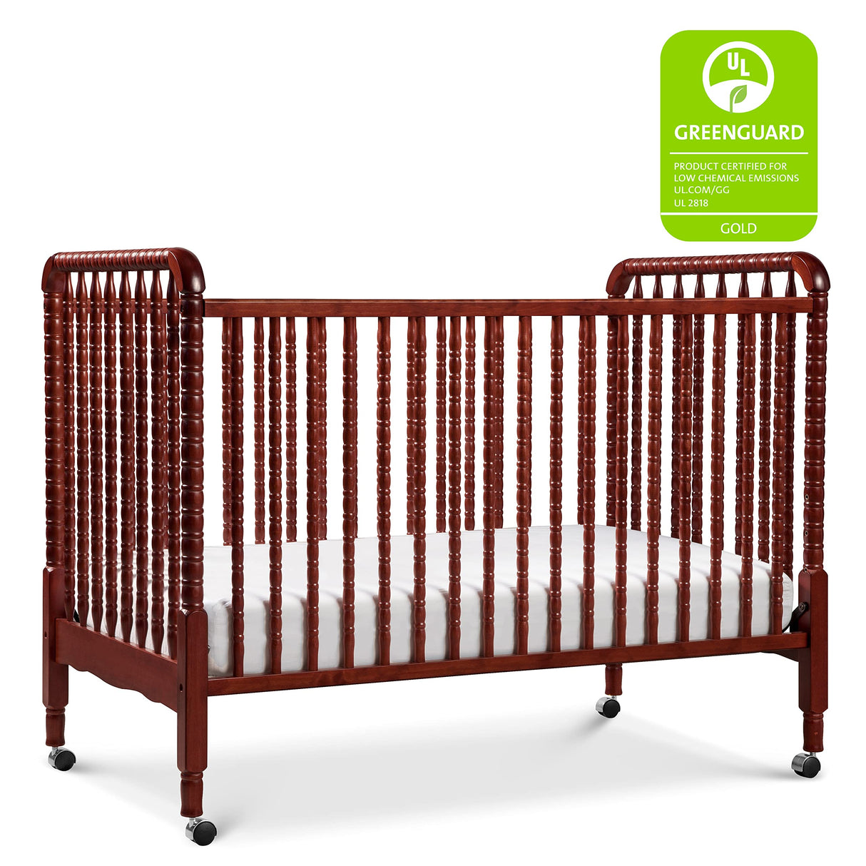 Jenny Lind 3-in-1 Convertible Crib in Rich Cherry, Removable Wheels, Greenguard Gold