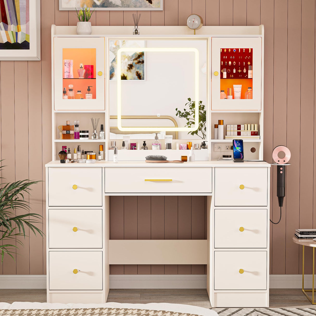 White Makeup Vanity Desk with Mirror and Lights, Make up Vanity Desk