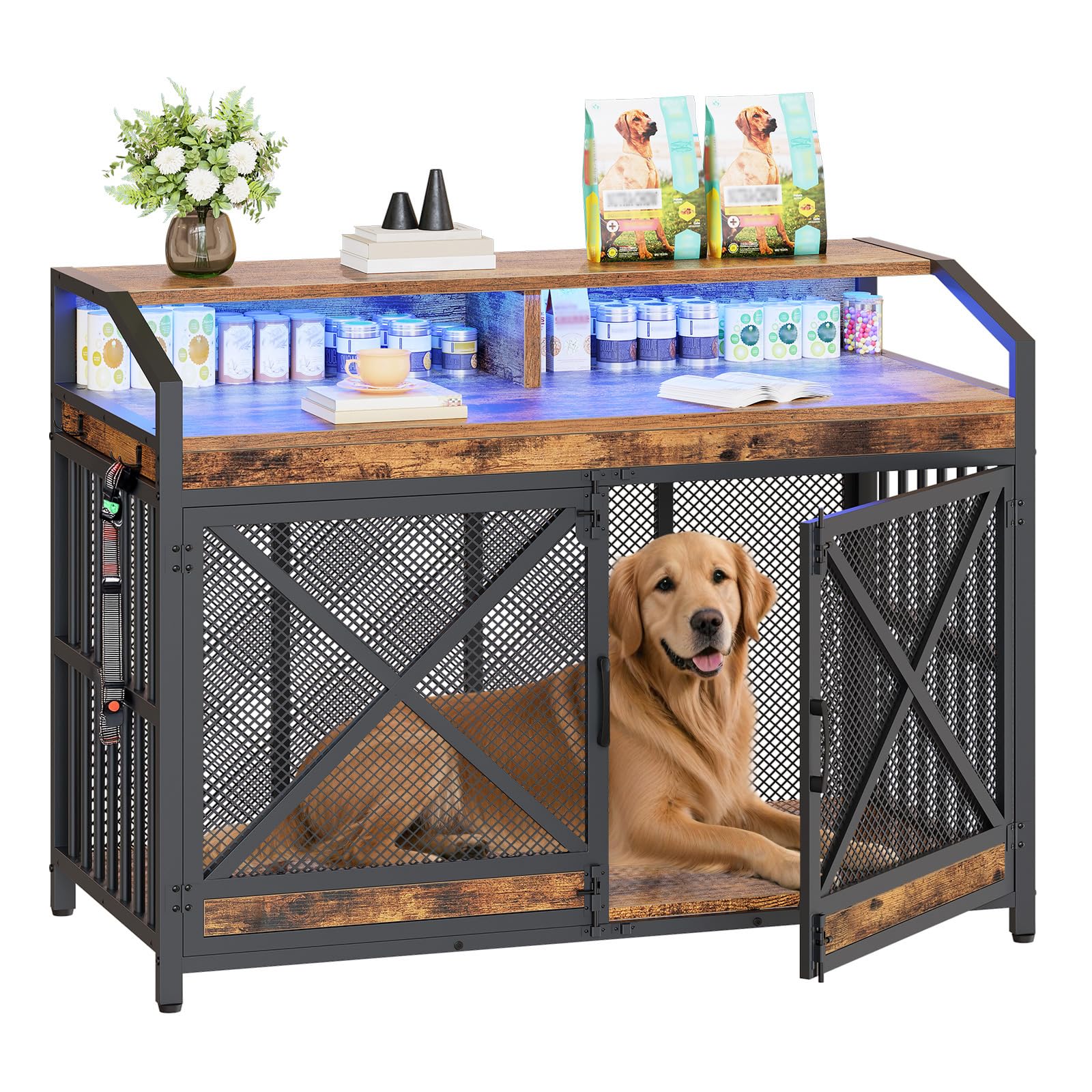 43.3" Dog Crate Furniture with LED Lights & Storage Shelves