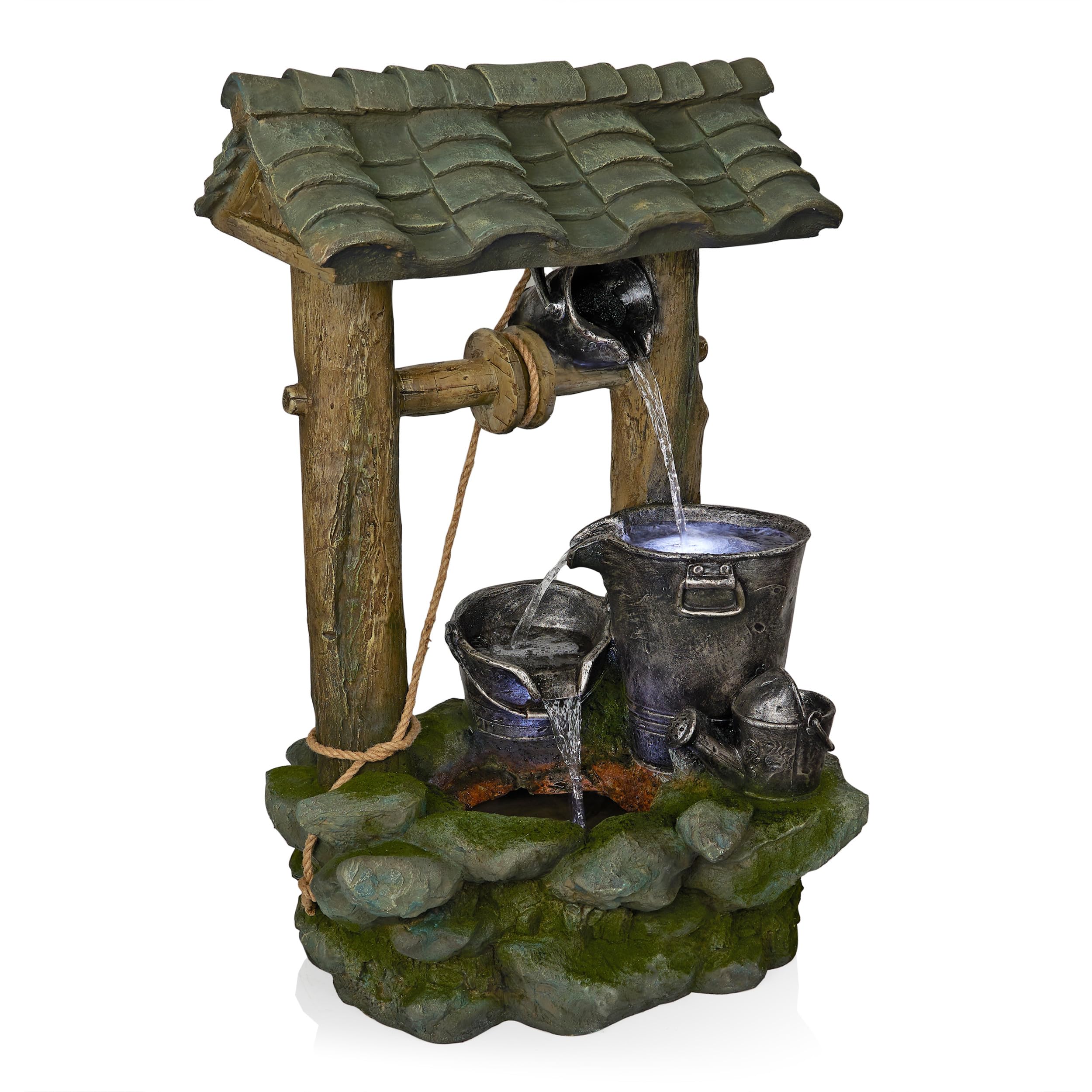 Water Well Fountain with LED Lights – Serene Outdoor Waterfall Water Feature for Garden