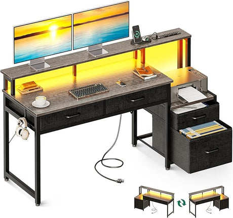 55-Inch Computer Desk with File Cabinet and Fabric Drawers, Reversible Office Desk