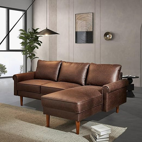 Weaxty 81.55" Sofa Couch, L Shaped Faux Leather Sectional with Chaise Suede Fabric