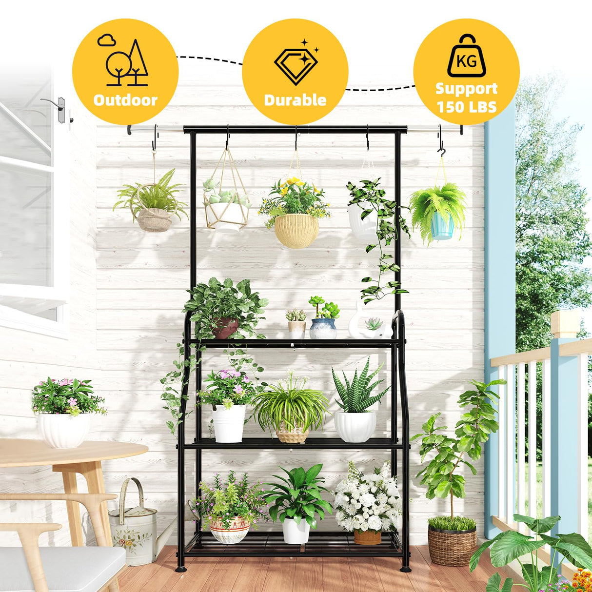 Simple Trending Plant Stand Indoor Outdoor, Heavy Duty Metal 3 Tiered Hanging Plant Shelf for Multiple Flower Planter Holder Tall Large Rack for Living Room Garden Balcony, Black