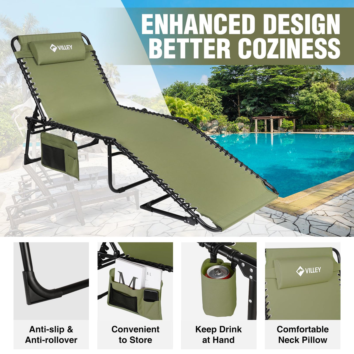 Oversize Chaise Lounge Outdoor, Heavy-Duty Folding Lounge Chair for Outside