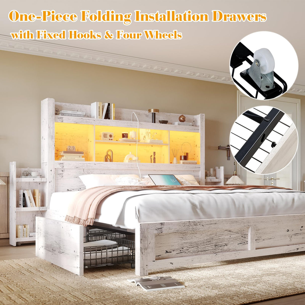 King Bed Frame with 49.6" Bookcase Headboard & 2 Detachable Bedside Stoage Racks