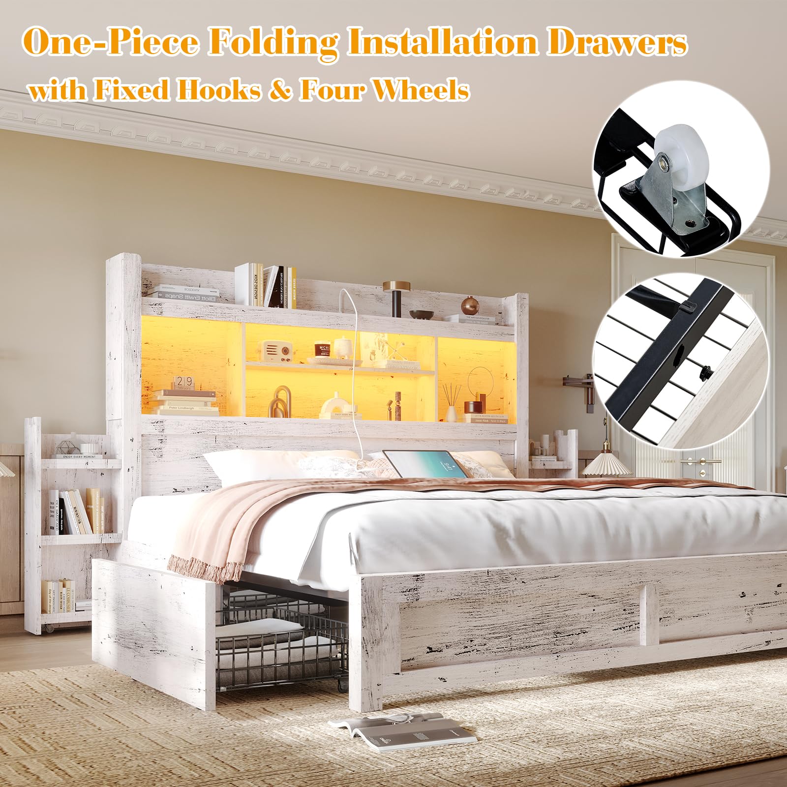King Bed Frame with 49.6" Bookcase Headboard & 2 Detachable Bedside Stoage Racks