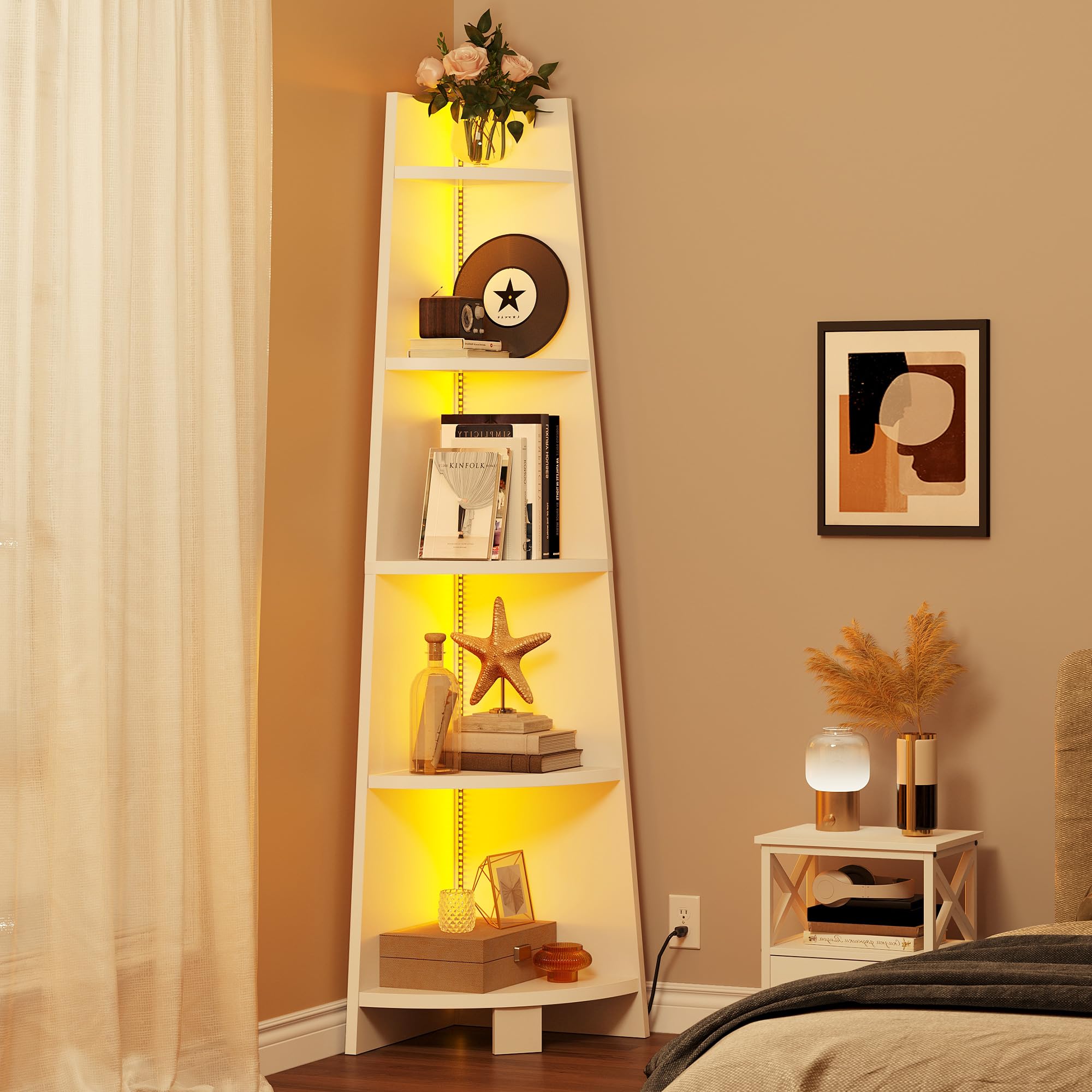 Corner Shelf Stand with Led Light, 70.9" Ladder Corner Bookshelf, Modern 5 Tier Corner Bookcase, Wooden Open Display Shelving Storage Rack for Bedroom, Living Room, Home Office, White