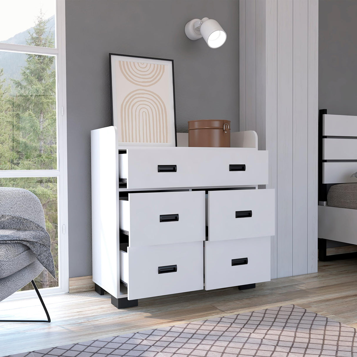 Alyn Dresser, Four Legs, Four Drawers, One Double Drawer, Superior Top -White