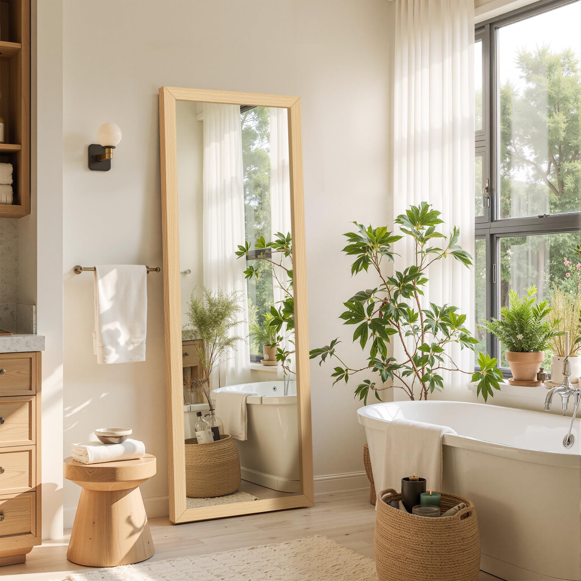 Full Length Wall Mirror with Wooden Frame & Stand - 56x20 Floor Mirror