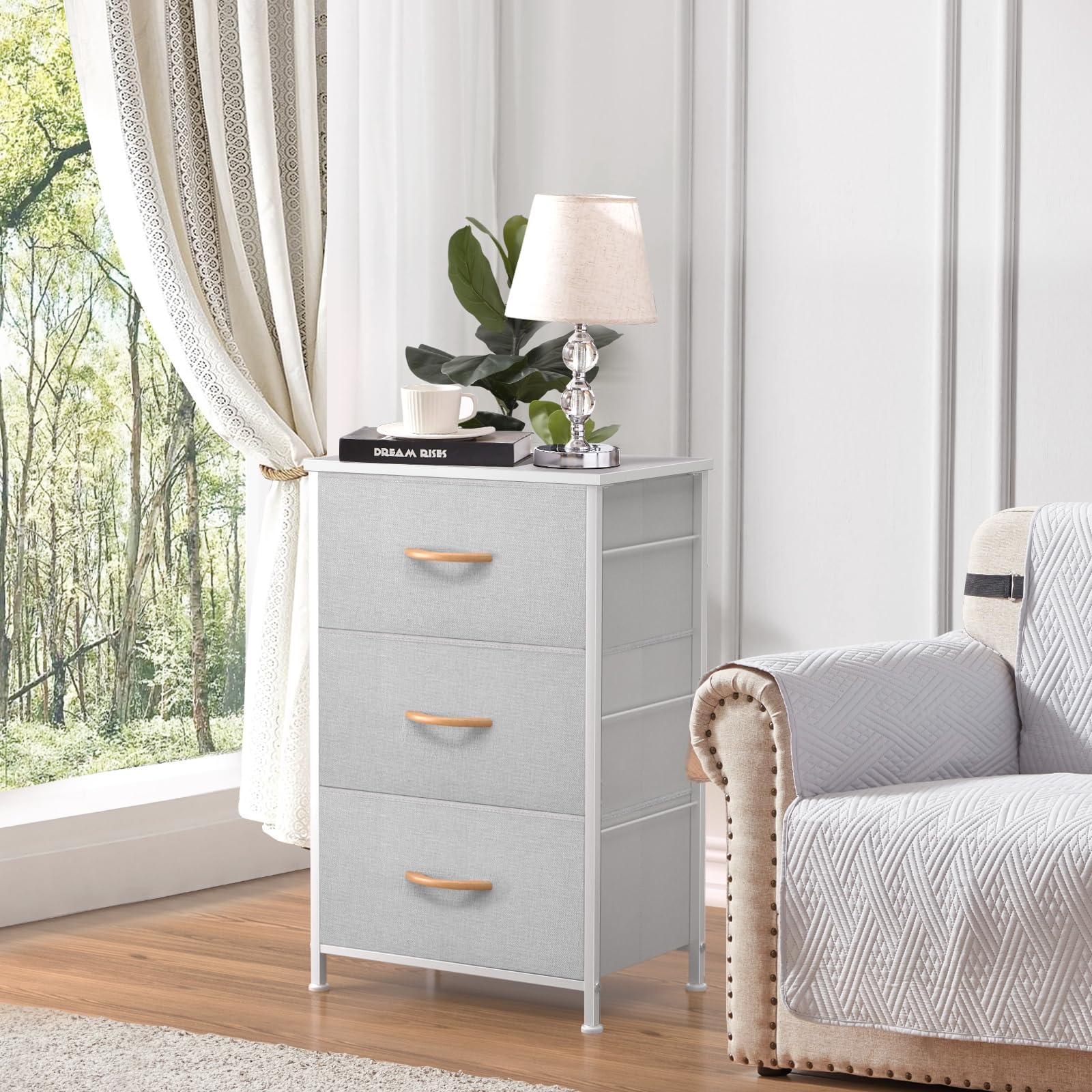 Dresser for Bedroom, 3 Chest of Drawers, Fabric Nightstand