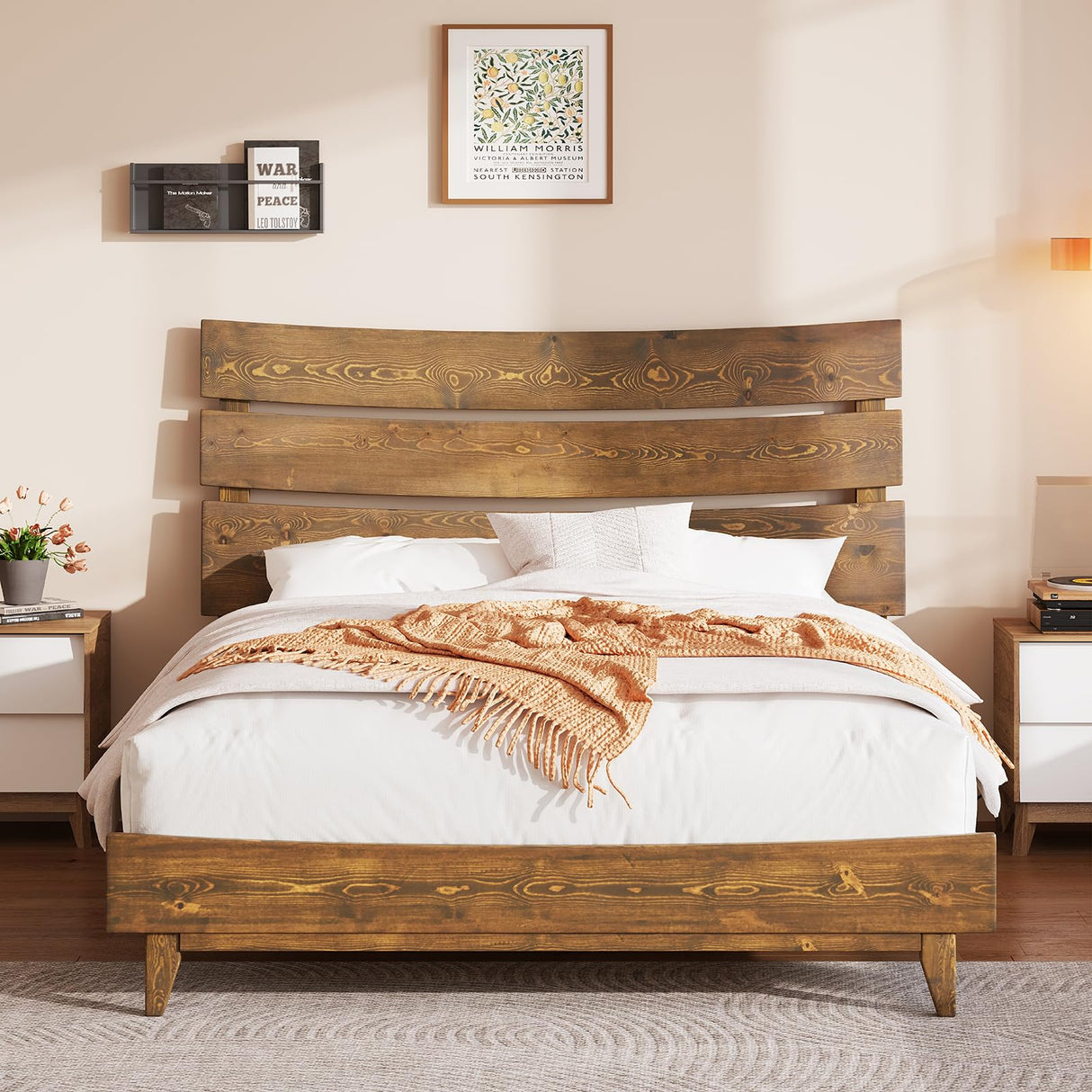 Queen Size Solid Wood Platform Bed Frame with Wooden Headboard, No Box Spring