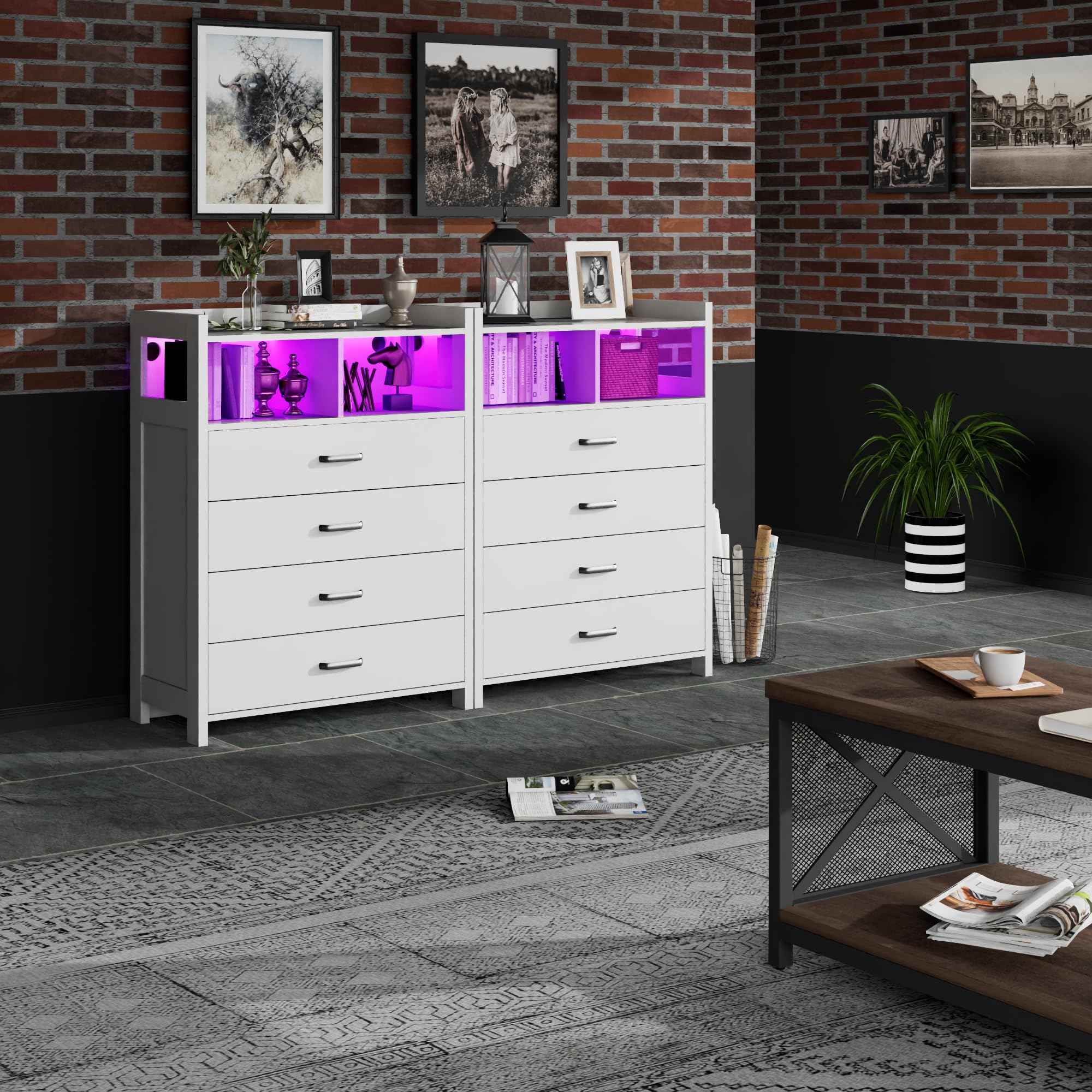 Tall Dresser 4 Drawers, White LED Dresser for Bedroom, Modern Dresser Wooden Storage