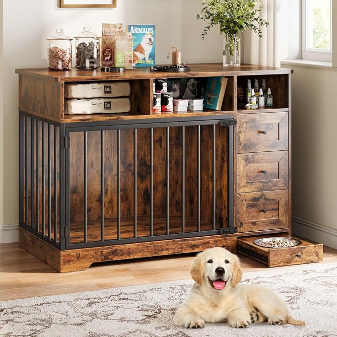 48" Farmhouse Dog Crate Furniture with Storage Drawers