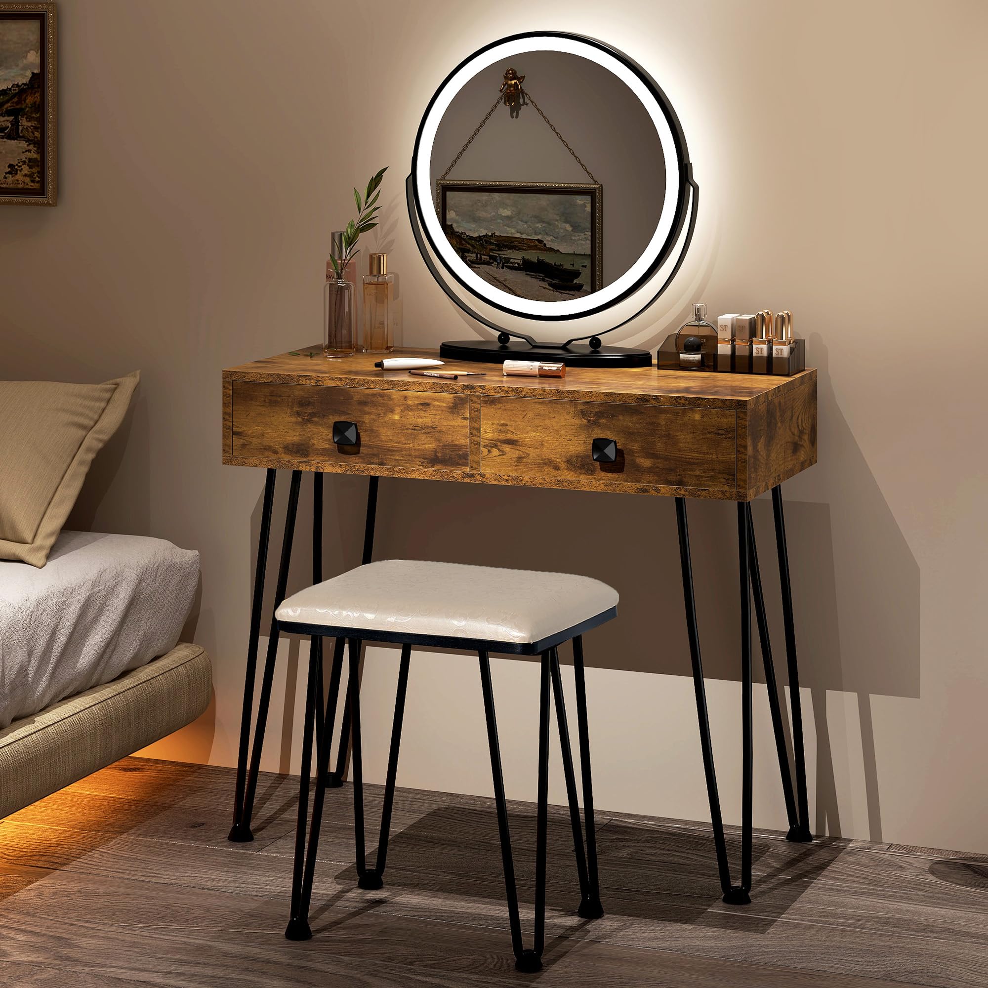 Vanity Table Set with LED Lighted Mirror and Cushioned Stool, Makeup Dressing Table Writing Desk