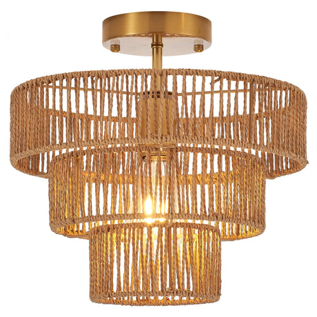 Hand-Woven Rattan Semi Flush Mount Ceiling Light Fixture Vintage Farmhouse Boho