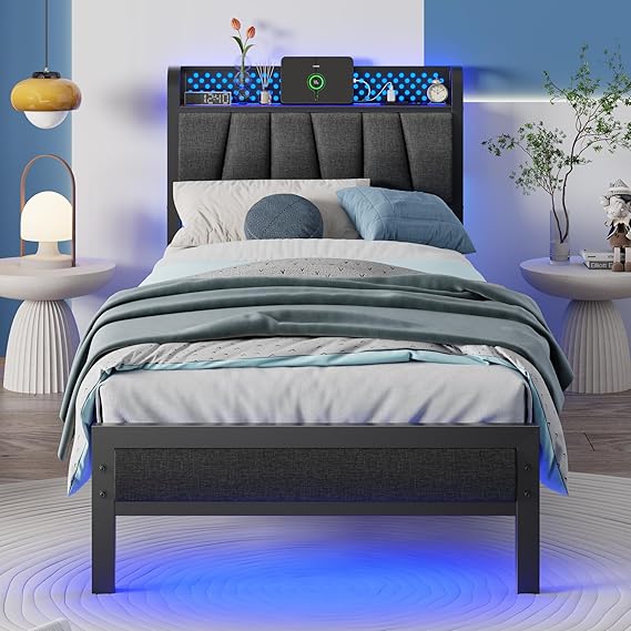 Queen Size Upholstered Bed Frame with LED Lights and Charging Station