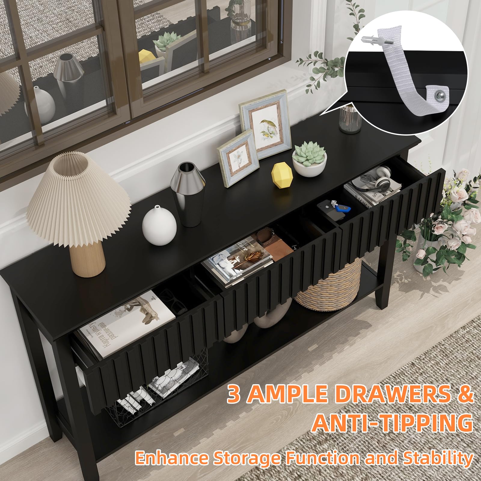 Black Fluted Console Table with 3 Drawers