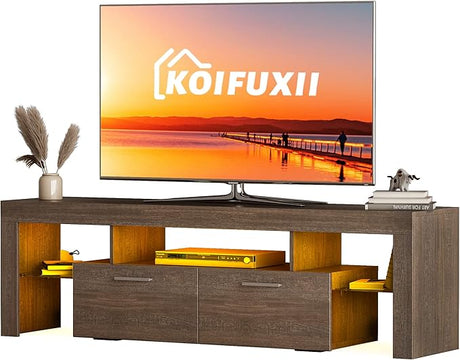 Modern TV Stand Glossy White - TV Console with Led Lights and Storage Drawers