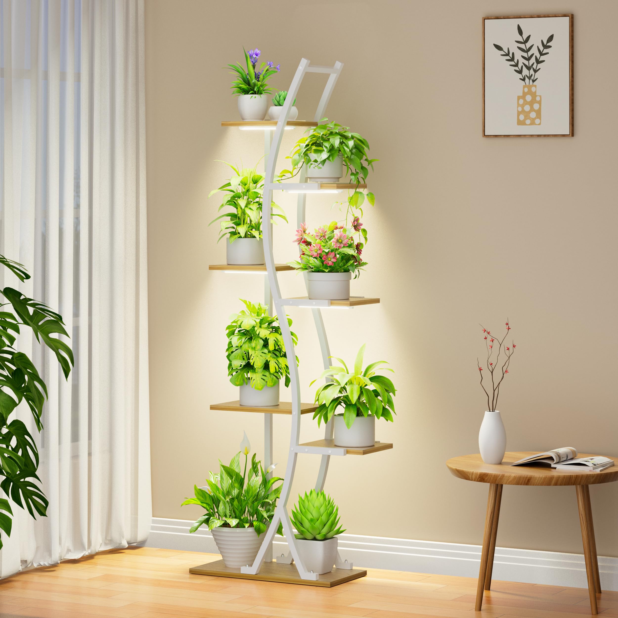 62" Tall Plant Stand with Grow Light Indoor, 7 Tiered White Plant Shelf for Indoor Plants
