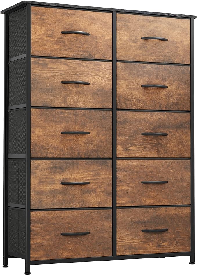 10 Drawer Dresser - Fabric Storage Tower, Organizer Unit for Living Room, Hallway, Closets - Sturdy Steel Frame, Wooden Top & Easy Pull Fabric Bins (Black Wood Grain)