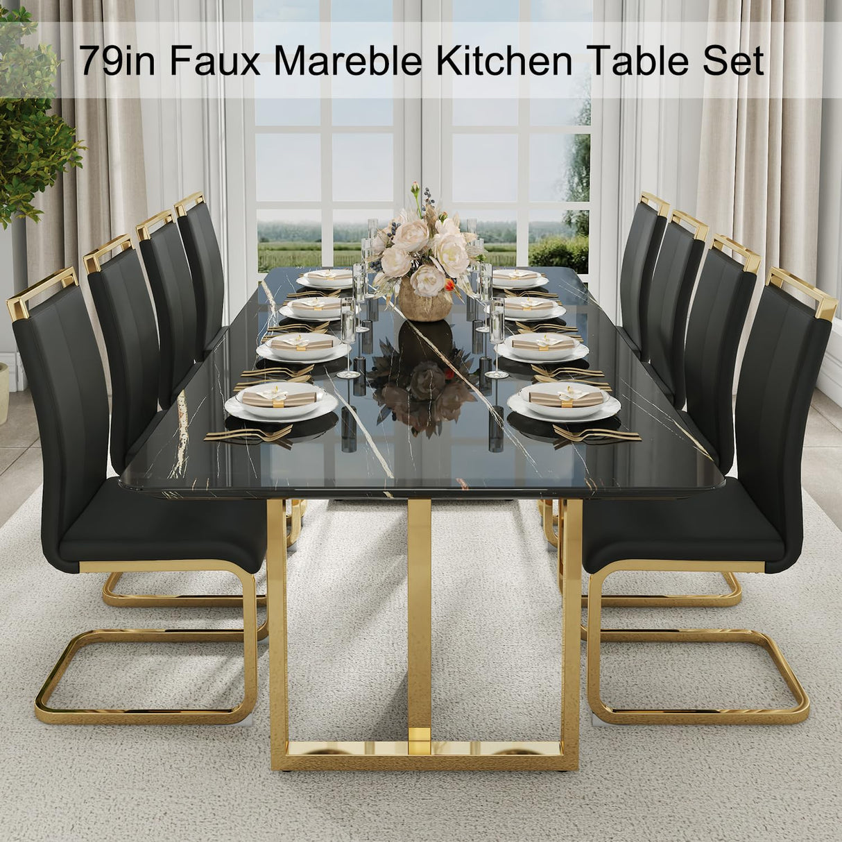 79'' Modern Dining Table Set for 8,Black Kitchen Table Set,Luxury Dining Table Set