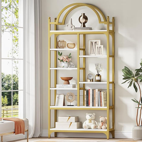 71 inch Tall Gold Bookshelf, 8-Tier Modern Arched Etagere Bookcase