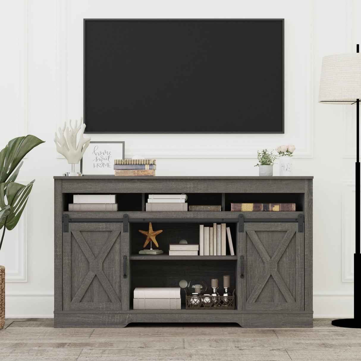 65 inch TV Stand, Entertainment Center with Sliding Barn Doors, Dark Grey