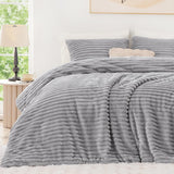 EXQ Home Fluffy Comforter Set Queen Size - Super Soft Faux Fur Stripe Jacquard Comforter 3 Pieces, Light Gray Fleece Bedding Set,Winter Warm Bed Set,1 Comforter with 2 Pillowcases