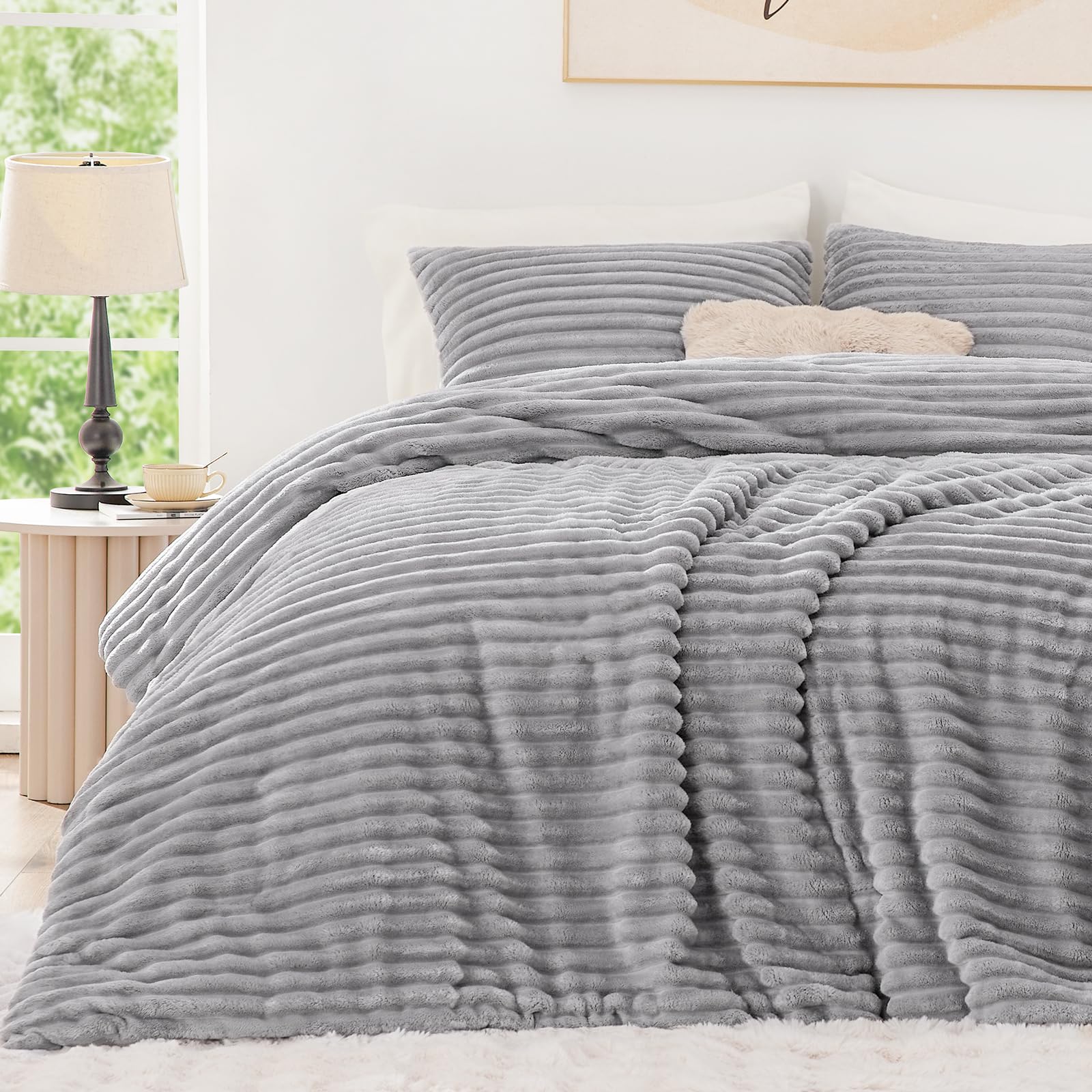 EXQ Home Fluffy Comforter Set Queen Size - Super Soft Faux Fur Stripe Jacquard Comforter 3 Pieces, Light Gray Fleece Bedding Set,Winter Warm Bed Set,1 Comforter with 2 Pillowcases
