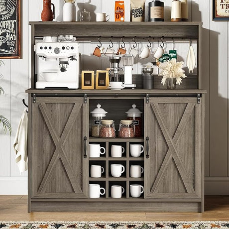 Farmhouse Coffee Bar Cabinet with Storage, Gray Coffee Bar with 6 Hooks