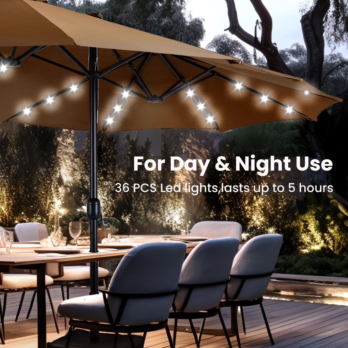 15ft Large Patio Umbrella with Solar Lights, Double-Sided Outdoor Market Rectangle Umbrellas with 36 LED Lights,