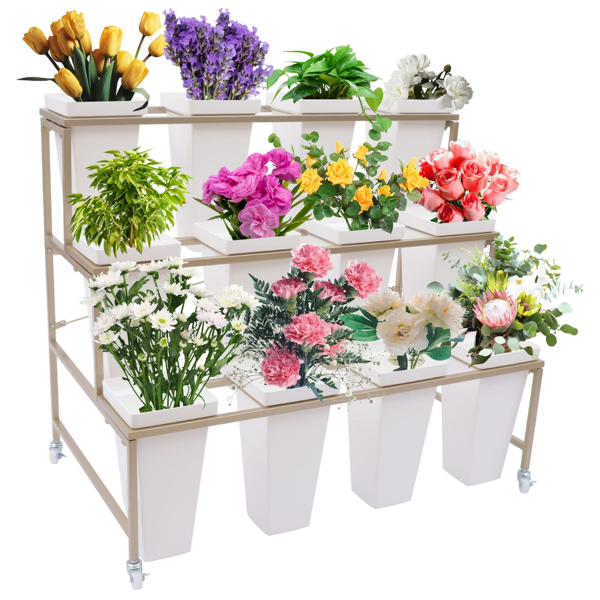 Flower Display Stand With 12PCS Buckets,3 Layers Plant Cart with Wheels