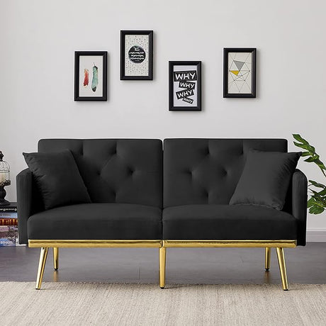 Convertible Futon Sofa Bed, 59-inch Modern Velvet Sleeper Sofa Small Loveseat with Two Pillows,