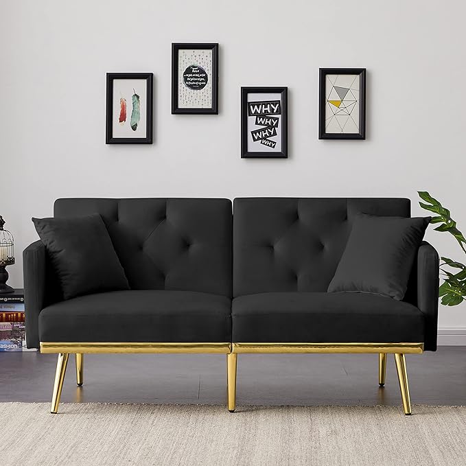 Convertible Futon Sofa Bed, 59-inch Modern Velvet Sleeper Sofa Small Loveseat