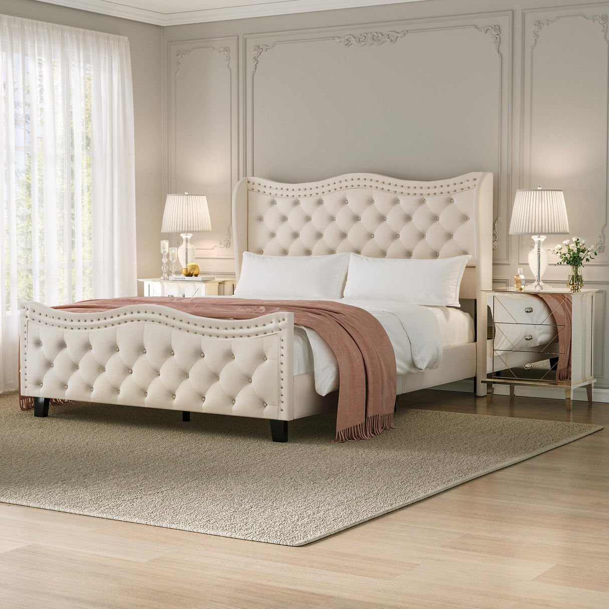 Queen Upholstered Bed with Tufted Wingback Headboard