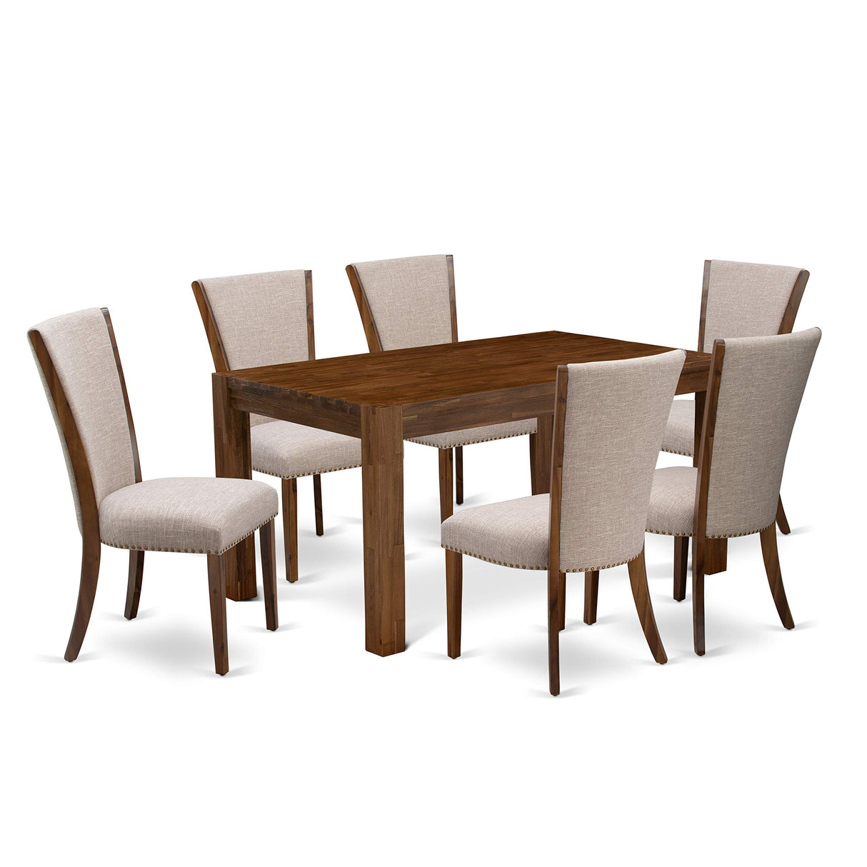 CNVE7-N8-04 7 Piece Modern Dining Table Set Consist of a Rectangle Rustic Wood Wooden Table and 6 Light Tan Linen Fabric Upholstered Chairs, 36x60 Inch, Natural