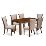 CNVE7-N8-04 7 Piece Modern Dining Table Set Consist of a Rectangle Rustic Wood Wooden Table and 6 Light Tan Linen Fabric Upholstered Chairs, 36x60 Inch, Natural