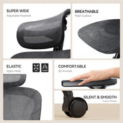 NOBLEWELL Ergonomic Mesh Office Chair with Flexible Adjustment Lumbar Support, High Back Desk Computer Chair with 2D Wide Headrest, Armrests, 130° Rocking Tilt, Home Office Chair for Long Hours, Grey