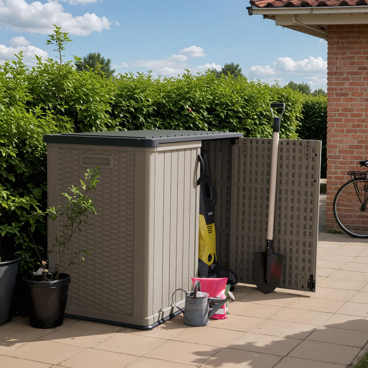 Outdoor Storage Cabinet 26 Cu Ft with Pad-Lockable Doors, Horizontal Storage