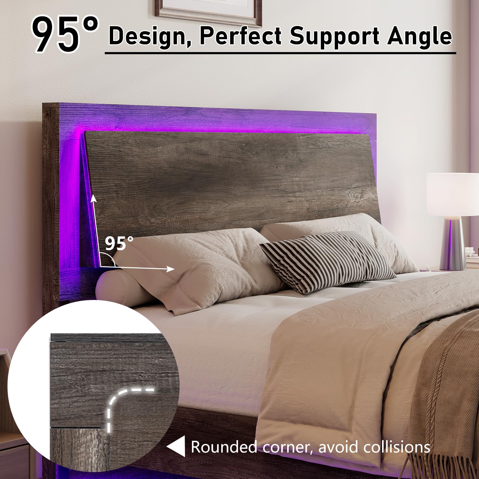 King Size Floating Platform Bed Frame with LED Light and Headboard